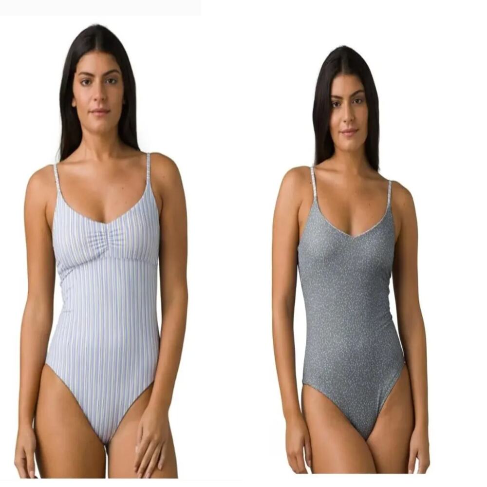 Prana Jess Reversible One-Piece Swimsuit XS Army Spots and Stripes Gray
